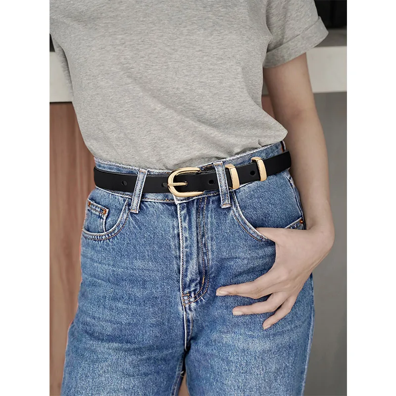 Fashionable women\'s belt buckle style cowhide pants with simple skirt