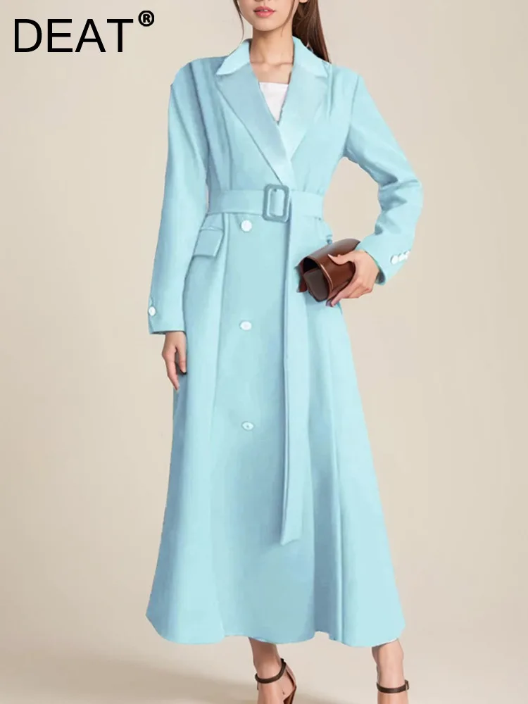 

DEAT 2024 Autumn Double Breasted Lace Coat For Women New Models Long Sleeve Lapel Solid Color Female Trench Fashion 15G7264