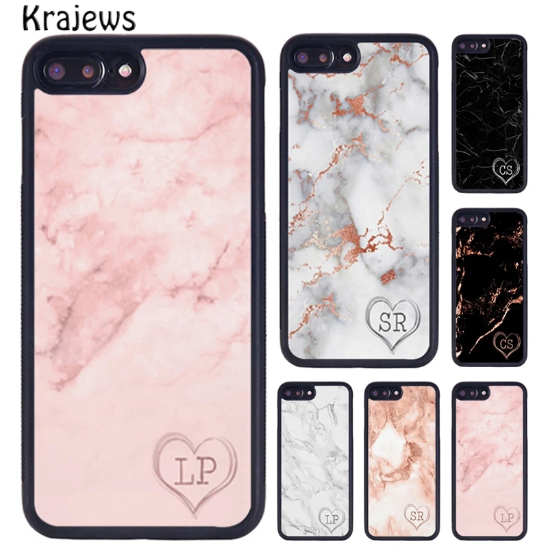 Krajews Personalised Marble Monogram Heart Phone Case For iPhone 16 15 14 XR XS 11 12 mini 13 Pro MAX Plus cover coque