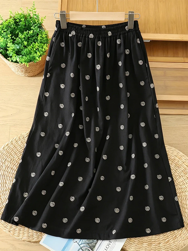 Brand A-Line Midi Skirt 2026 New Summer Black Elastic Waist Thin Embroidered Dress Office Style Loose Fit Polyester Cotton Blend
