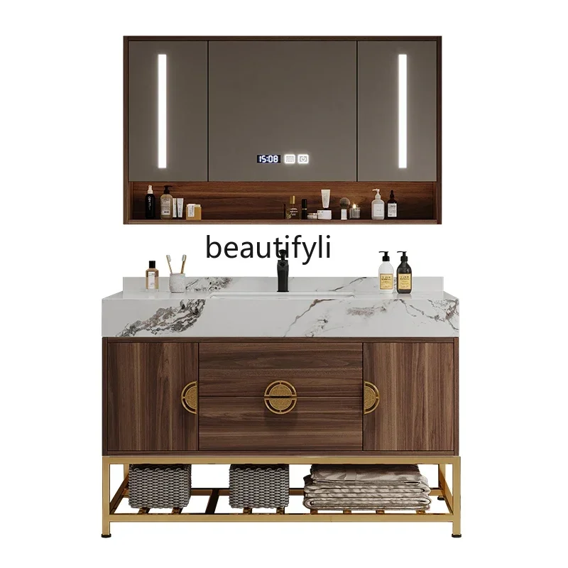 New Chinese rock slab bathroom cabinet Floor-to-ceiling face wash hand basin cabinet Intelligent light luxury wash tableHY