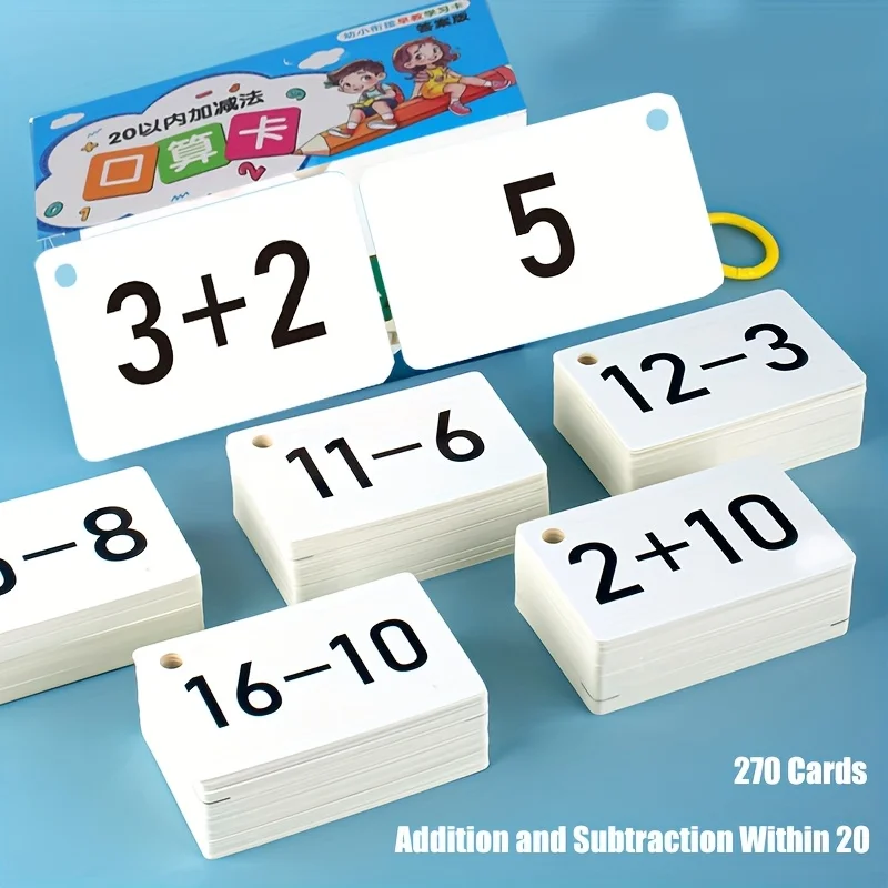 270pcs Within 20 Complete 1set Addition and Subtraction Flashcards Math Learning Set with Numbers Symbols & Practice Problems