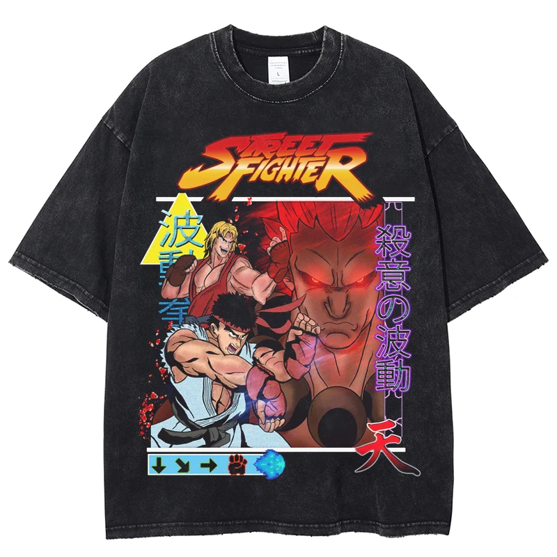 Street Fighter Vintage Washed T Shirt Men O-Neck Harajuku Cotton Oversized Short Sleeve Men And Women Hip Hop Streetwear