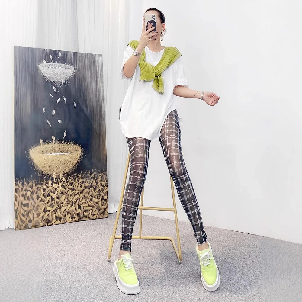 Retro Plaid Printed Women's Mesh Leggings Summer Thin Sheer Single-Layer High-Elasticity Hottie Sexy Tight Cropped Pants