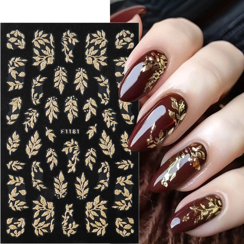 Autocollants pour ongles en forme de feuille de paillettes dorées brillantes, feuilles d'automne scintillantes, fleur d'hibiscus, modèles français, breloques pour ongles, décalcomanies de décoration