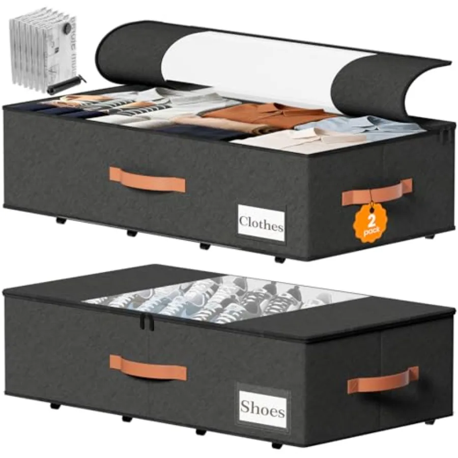 

2-Pack Under Bed Storage Bs with Wheels and 6 Vacuum Seal Bags Heavy Duty 80lbs Capacity 65L Clear Lid Organizer for Dorm Bedro