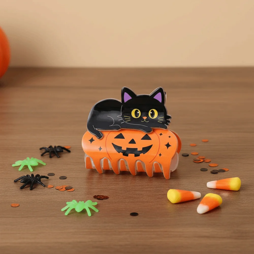 Cute Animal Halloween Hair Claw Non Slip Strong Hold Pumpkin Shark Clip Smooth Surface Bright Color Black Cat Hair Claw