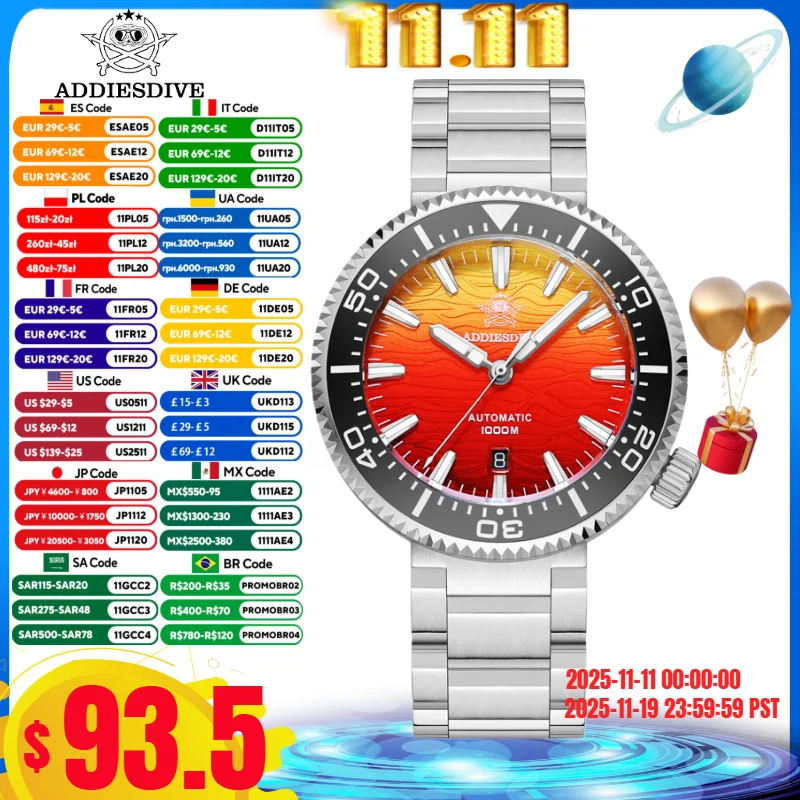 

ADDIESDIVE 2025 NEW Men Watch AD2526 BGW9 Blue Luminous 8215 Movement 1000M Waterproof Sapphire Grass Automatic Mechanical Watch