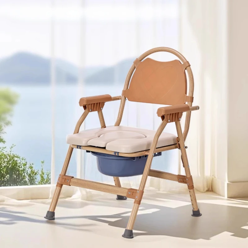 Foldable Toilet Seat Chair Adjustable Soft Adult Commode Portable Heavy Duty Wood-grain No-Slip Bath Chairs for Elderly People