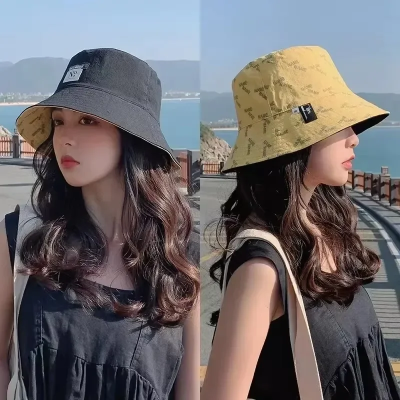 Double Sided Wear Korean Style Letter Print Bucket Hat Summer Outdoor Beach Fisherman Cap for Teen Girls Lightweight Sun Protect