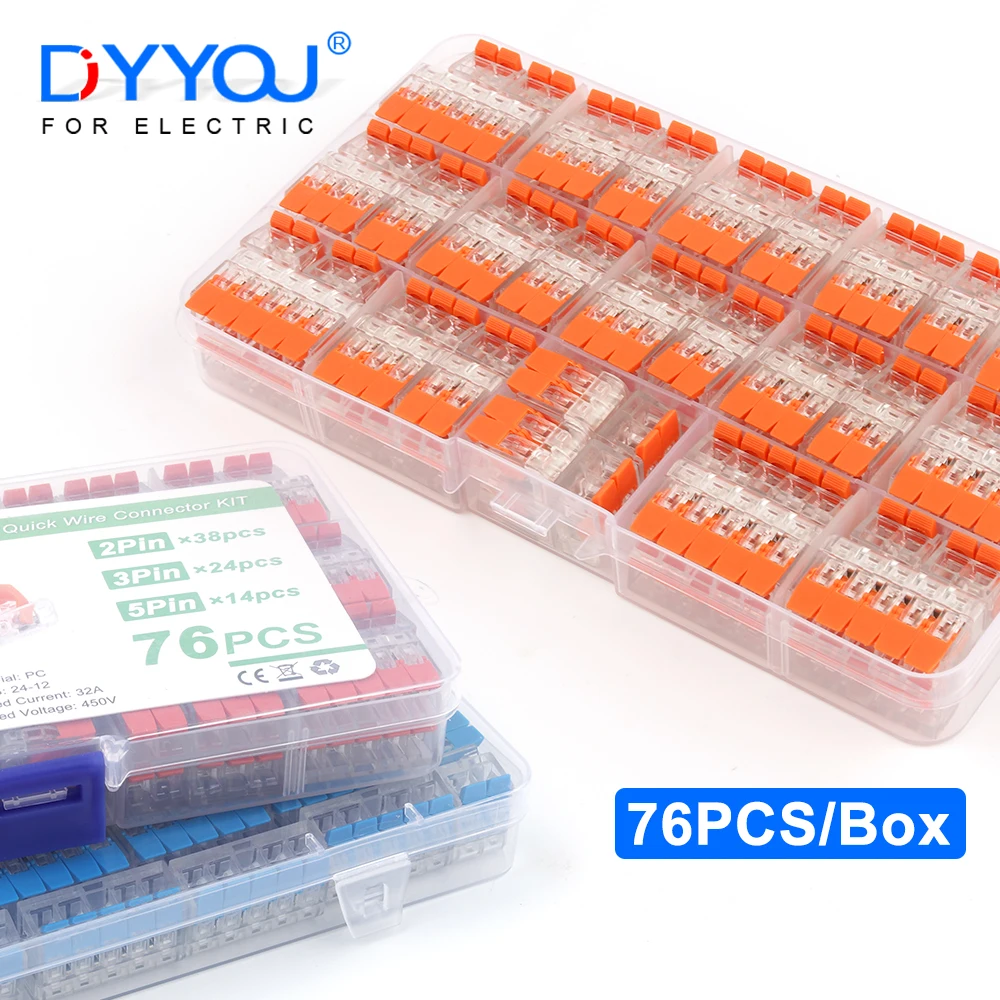 

76PCS/Box Transparent Lever Wire Connectors Assortment Universal Compact Plug-in Terminal Block 2/3/5 Pin Splicing Connector Kit