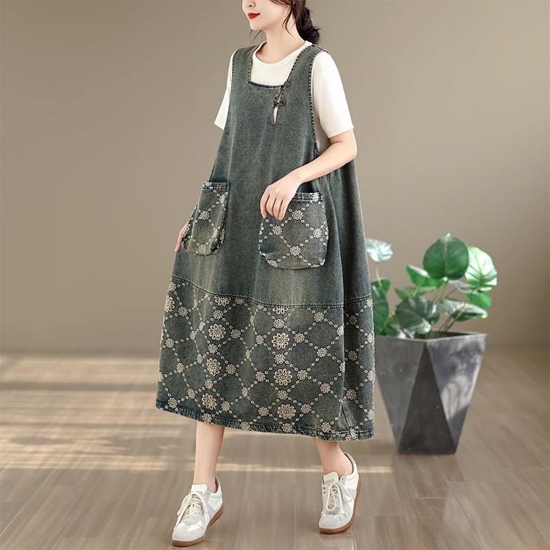 

Casual Mid-Length Waed Denim Embroidered Splice Dr Women's Strap Dr Knee-Length Skirt High Waist Cotton Blend