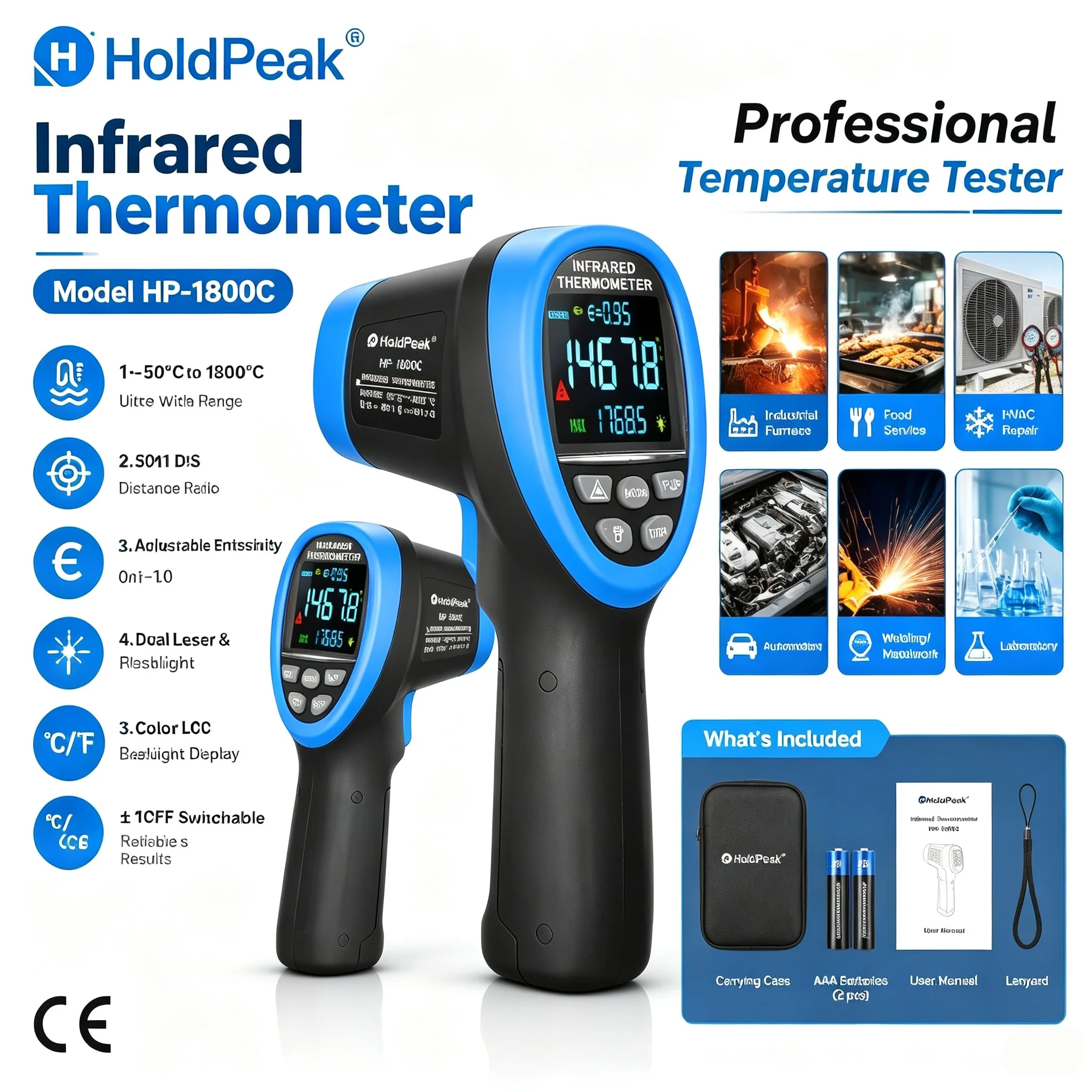 HoldPeak 1800C Industrial Infrared Thermometer -50~1800℃ Dual Laser 50:1 Adjustable Emissivity Color LCD MAX/MIN/AVG