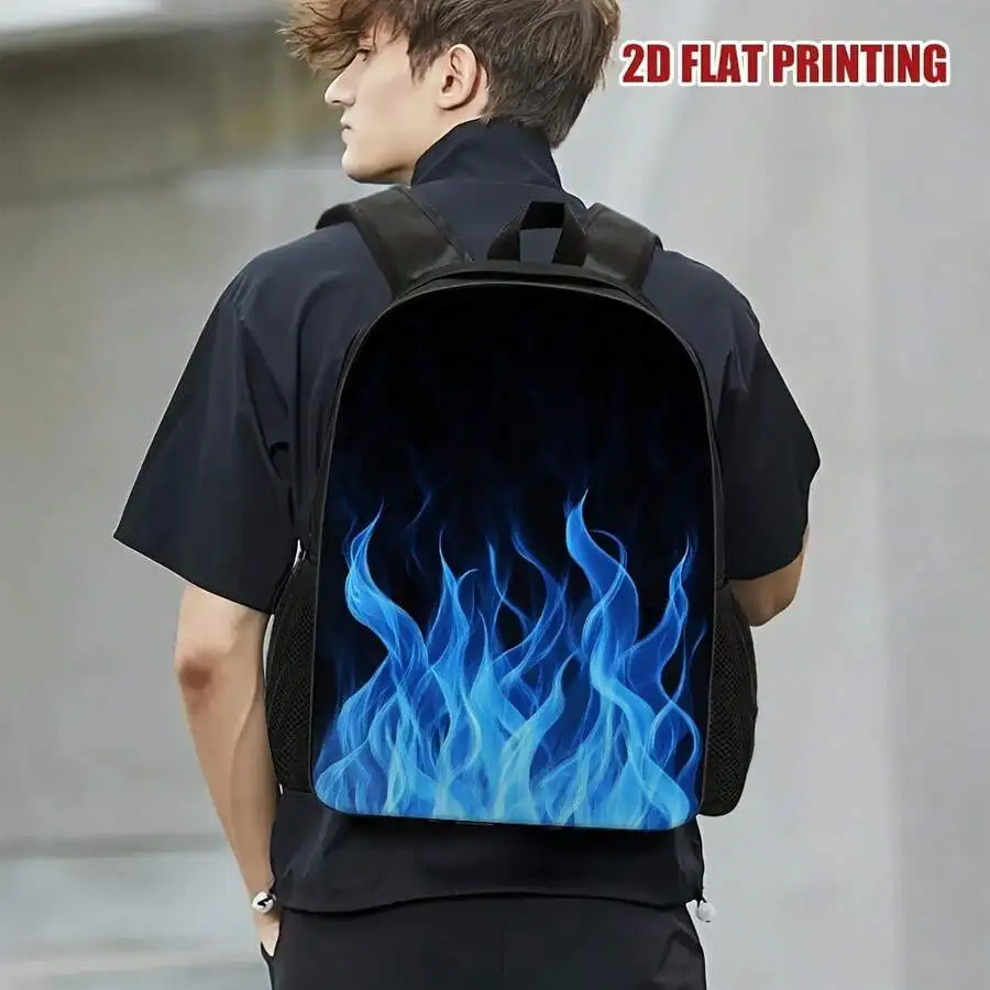 Blue Flame 2D Printed Backpack Large Capacity Lightweight Travel Bag With Adjustable Straps For Men And Women