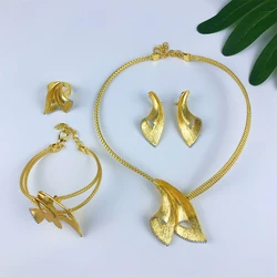 TITI Dubai 18K Gold Plated Women Jewelry Set Classic Design Feather Necklace Earrings Bracelet And Ring 4PCS Set Party Jewelry