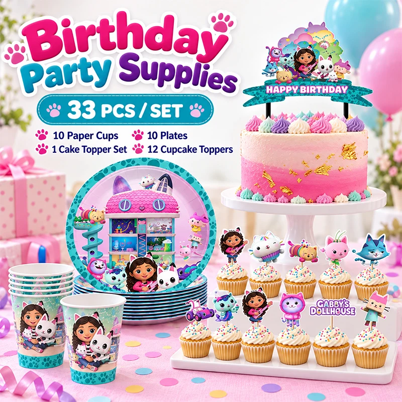 Pink Gabby Cartoon Movie Themed  Doll Paper Plate Cups Cake Flag Cupcake Combination for Celebrating Birthday Party Gifts