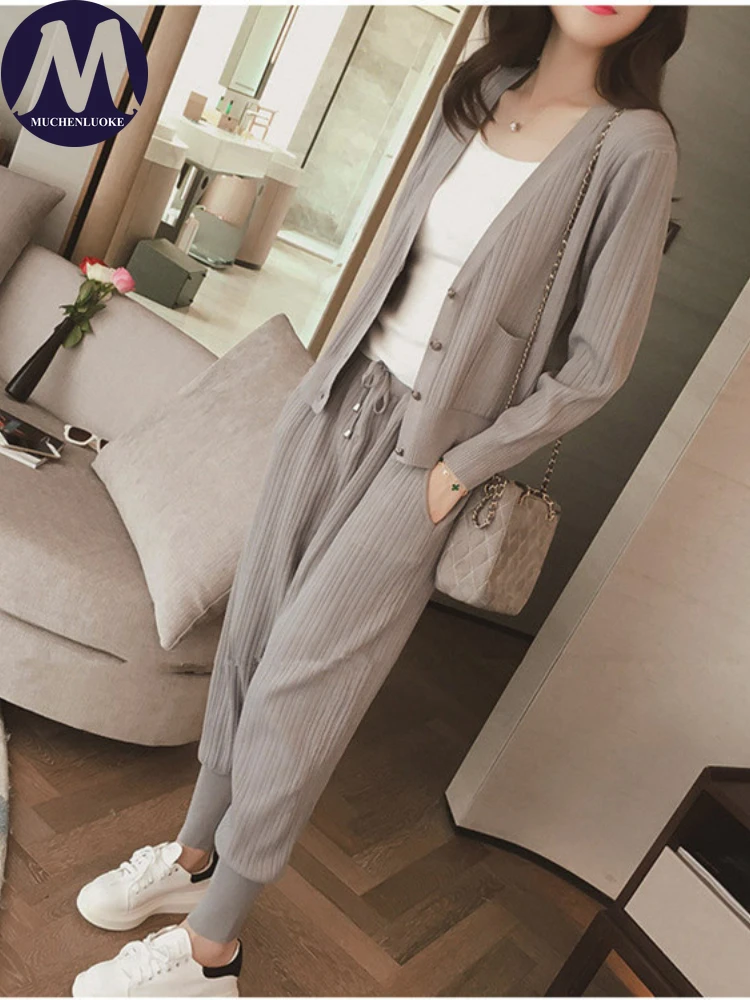 

Женский элегантный топ-Кардиган с длинным рукавом, свободные комплекты брюк, корейская мода, повседневная одежда, весна, осень, новинка, 2024 г.