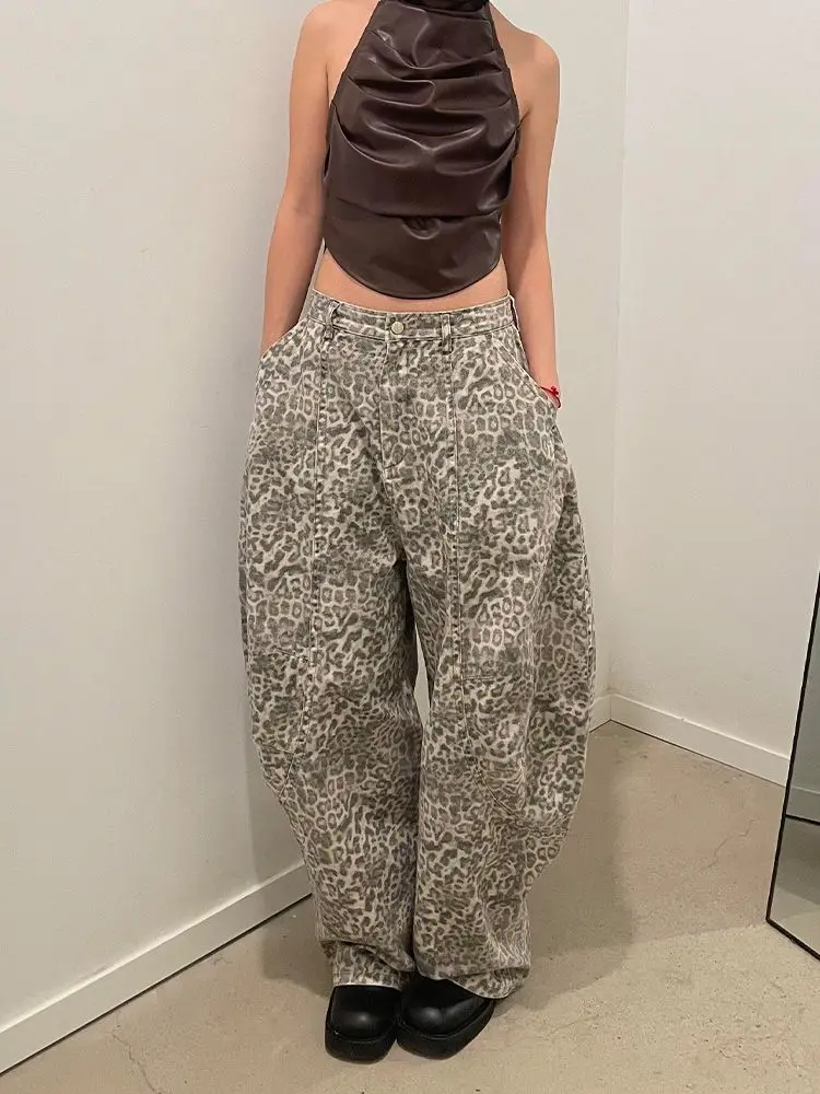 

Women American Retro High Street Leopard Print Jeans Y2k Hip Hop Loose Wide Leg Denim Pants Cargo Grunge Baggy Trousers