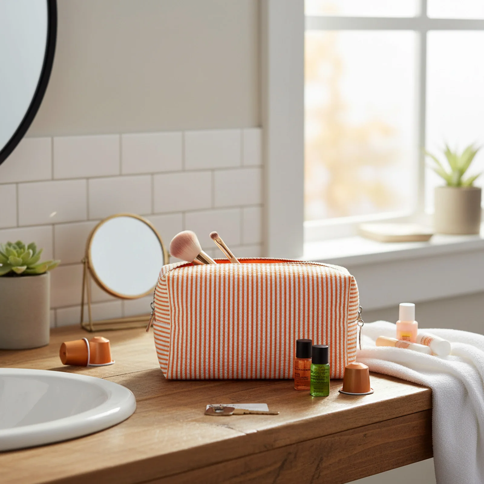 1 قطعة حقيبة مستحضرات التجميل المخططة الحد الأدنى سعة كبيرة أدوات ماكياج السفر الحقيبة مع سحاب النساء الفتيات منظم أدوات الزينة