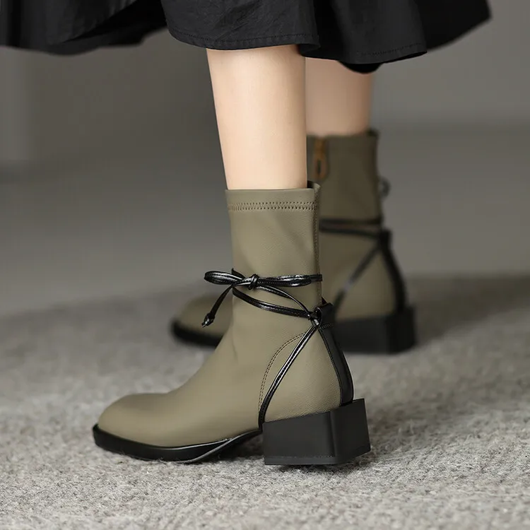 

2023 New Thick Heel Square Headed Colored Women's Short Boots Mid Heel Elastic Slim Boots English Style Short Boots Martin Boots