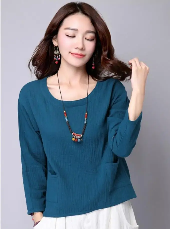Blusa de lino y algodón informal de primavera, talla grande, estilo vintage, con bolsillo, elegante, para mujer, tallas 5XL y 6XL, tops en oferta.
