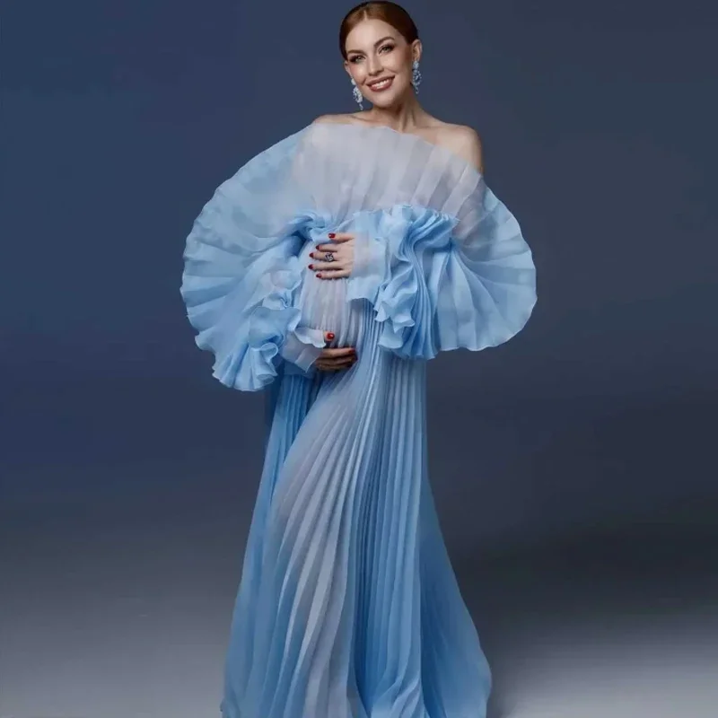 

Chic Maternity Photoshoot Dress with Pleated Details, Figure-Hugging Baby Shower Gown, Stretchy Ruched Long Sleeve Maxi Dress