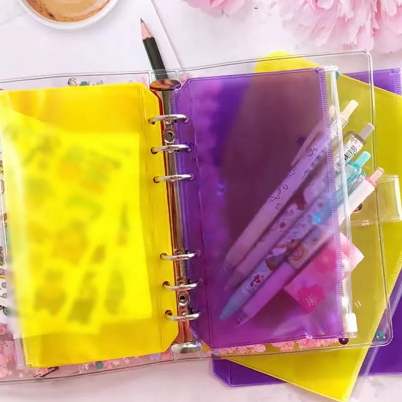 10pcs/Lot Colorful Transparent PVC A5 A6 Binder Pocket Clear Zipper Folders for 6-Ring Notebook Binder Filing Pouch Organizer