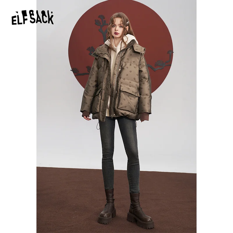 ELFSACK Brown Down Coats Women 2023 Winter Loose Mid-length Designed Jackets