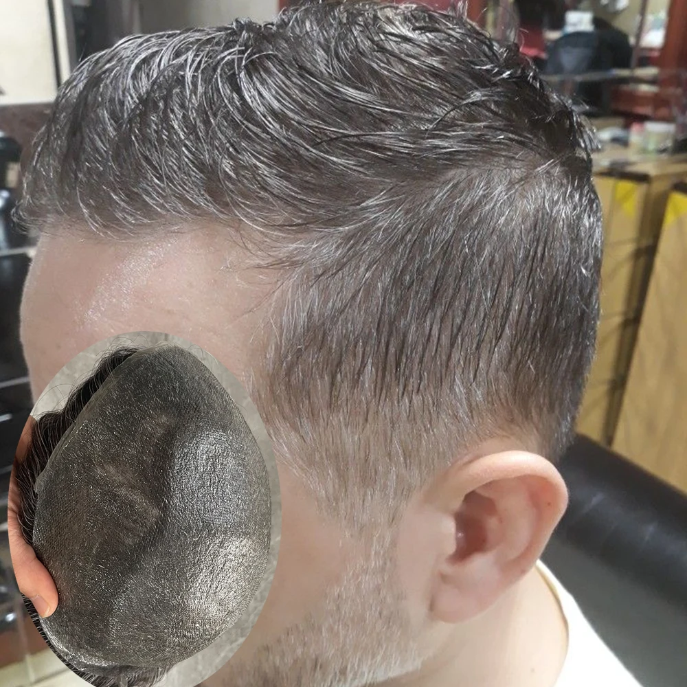 Undetectable 80-90Density 0.02mm Super Thin Skin Base 1B10 510# Grey Mans Wig Natural Hairline Men's Capillary Prosthesis Toupee