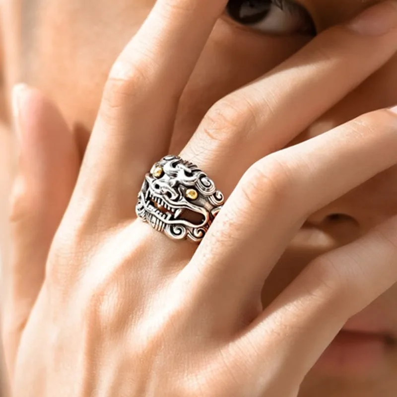 Vintage Engraved Tang Lion Pixiu Open Ring, Punk Domineering Alloy Adjustable Band, Unisex Simple Exquisite Finger Jewelry Gift