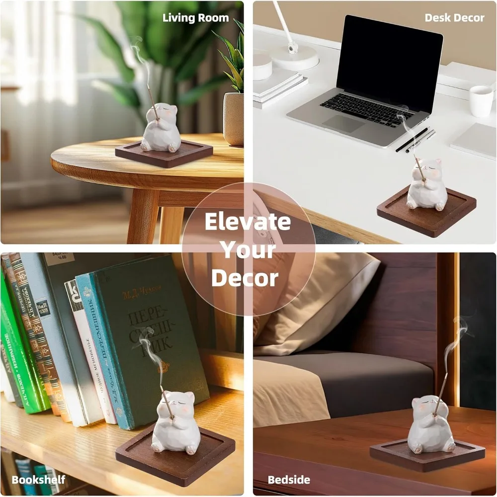 حامل بخور للعصي مع الموقد وصائد الرماد - قطة راتينج، صينية خشبية، 10 أعواد بخور للتأمل واليوجا والمنتجعات الصحية اللطيفة