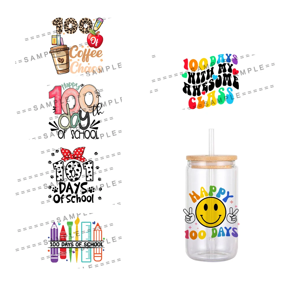 11x12cm Campus Design 100th Day of School Pattern UV DTF Waterproof Transfers Decals For 16oz Glass Cup Wrap Stickers