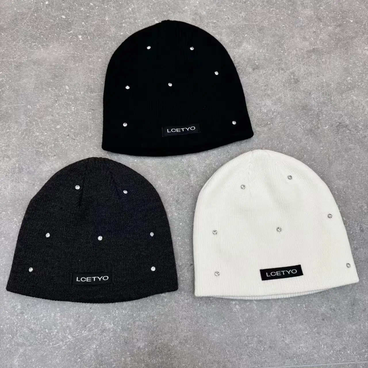 Adult 100% Acrylic Knit Beanie Hat Unisex Rhinestone Decor Warm Winter Skull Cap LCETYO Label Soft Stretch Ski Hat for Women Men