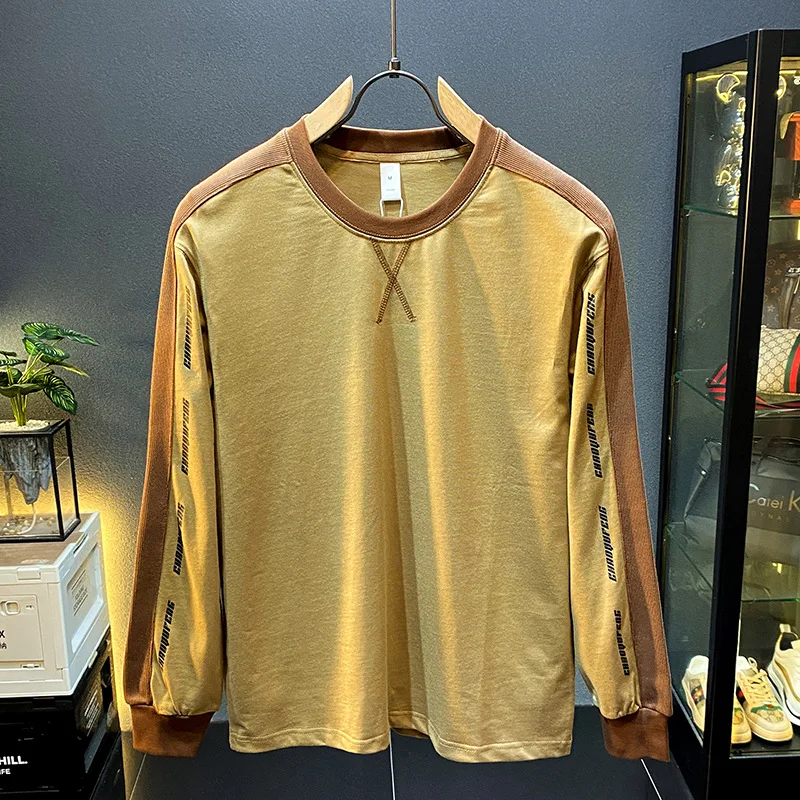 

Long sleeved T-shirt base shirt men's 2024 autumn fashion color blocking trend retro round neck loose inner sweatshirt