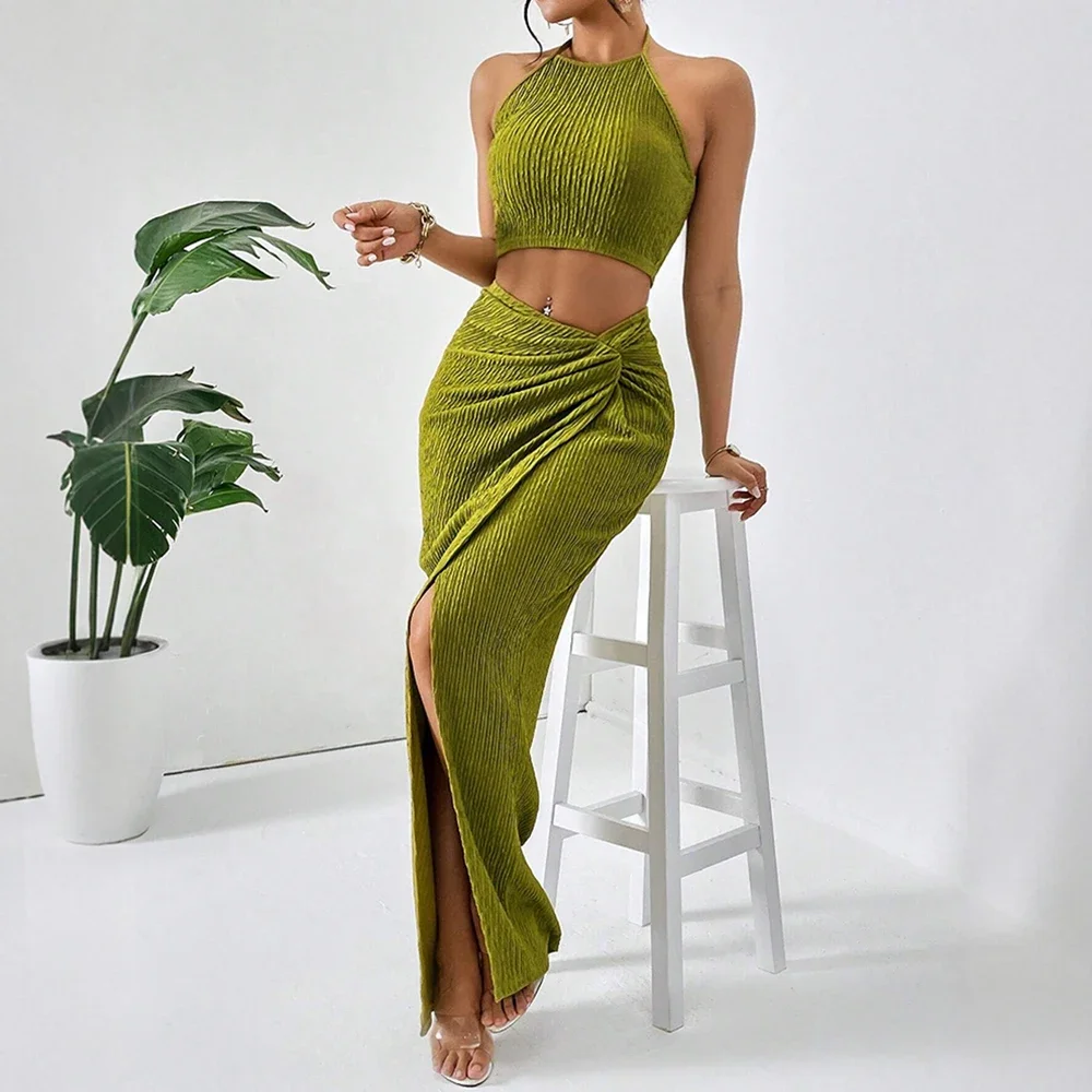 

CPSYMYM Sets Spring Summer Fitting Slim Elegant Plain Slit Sleeveless Halter Neck Natural Waist Maxi Party Sets For Women