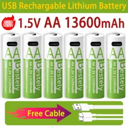AA 1.5V 13600mAh USB-C Li-ion Rechargeable Battery Long Lasting Fast Charge Over 2000 Cycle Akku for Control Mouse alarms clock