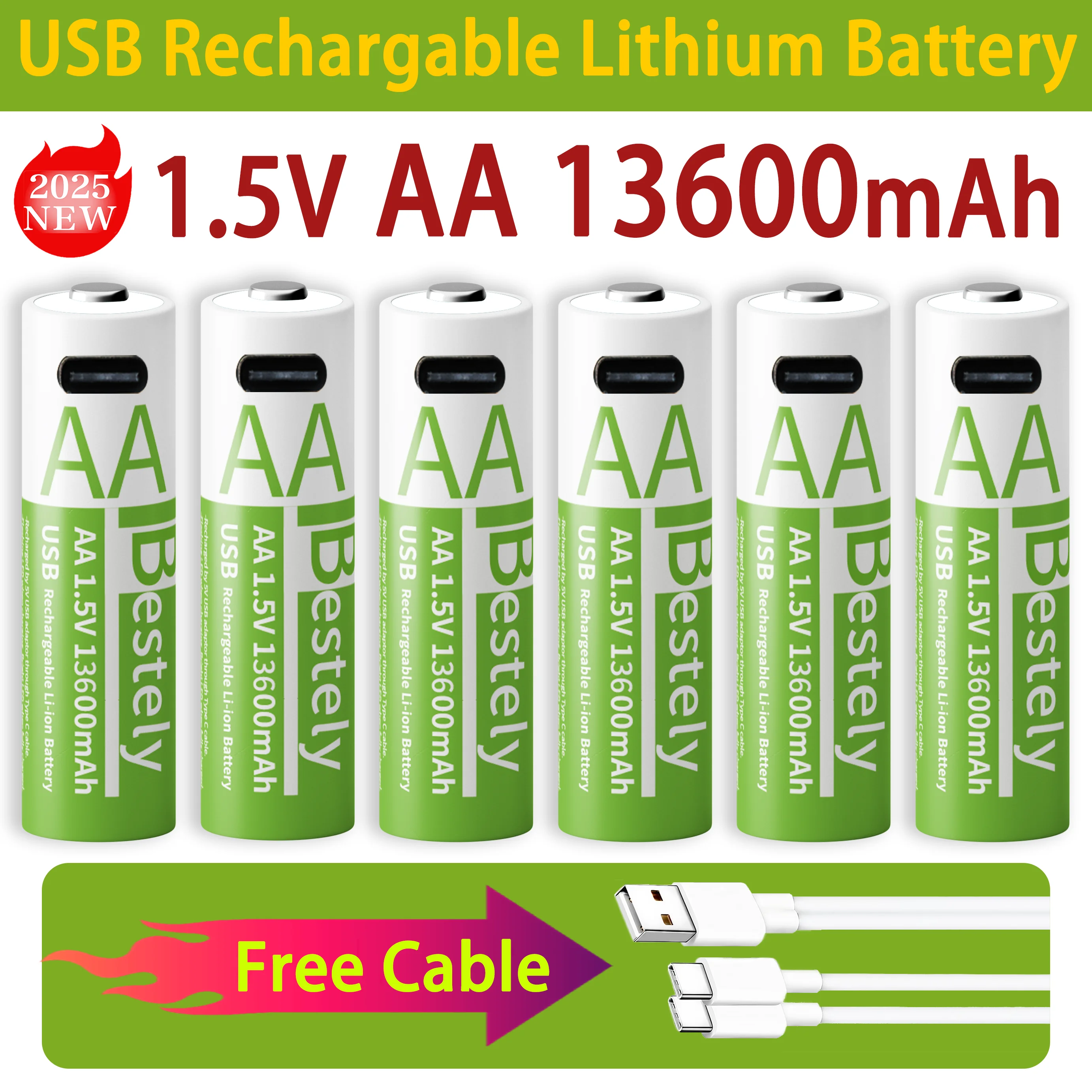 1.5V AA 13600mAh USB Type-C Li-ion Rechargeable Battery Long Lasting Fast Charge Over 2000 Cycle Lithium Akku for Control Mouse