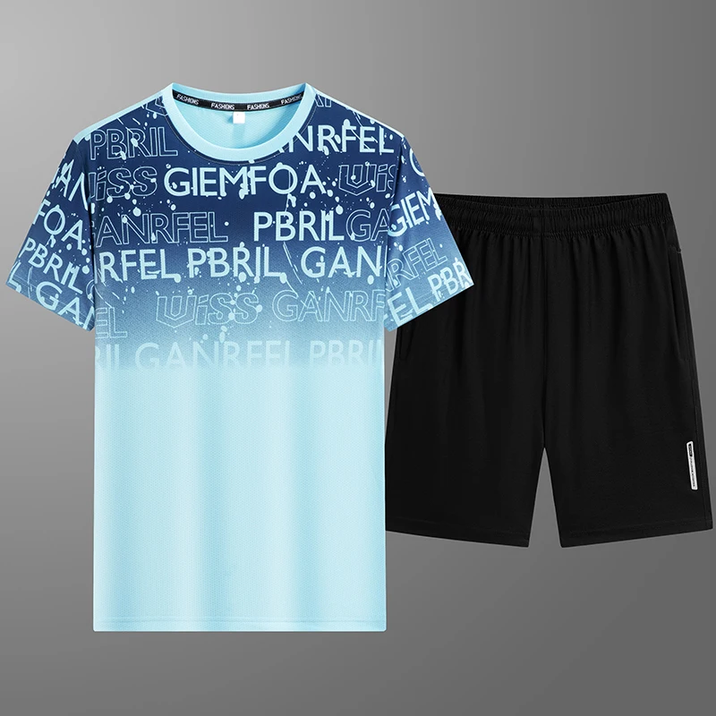 Summer Men's Letter Gradient Crew Neck Pullover Short Sleeve T-shirt Elastic High Waist Pockets Shorts Casual Preppy Style Sets