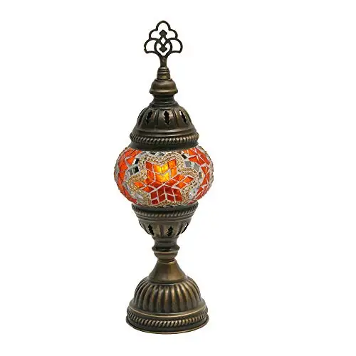 LaModaHome English Moroccan Handmade Mosaic Glass Table Lamp Light with Decorative Dark Copper Fixture for Bedroom, Livingroom a