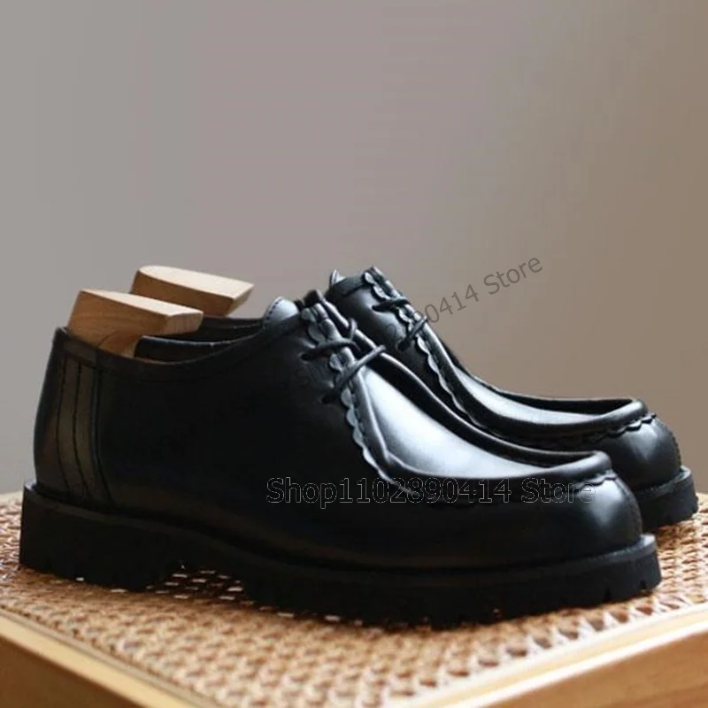 Black Sewing Design Ruffles Decor High Top Loafers Fashion Lace Up Male Shoes Luxurious Handmade Party Banquet Men Casual Shoes