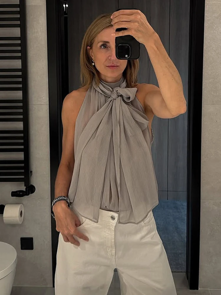 

Elegant Women Chiffon Lace Up Halter Top Sexy Sleeveless High Neck Off-shoulder Cropped Blouse 2026 Chic Lady Street Party Tops