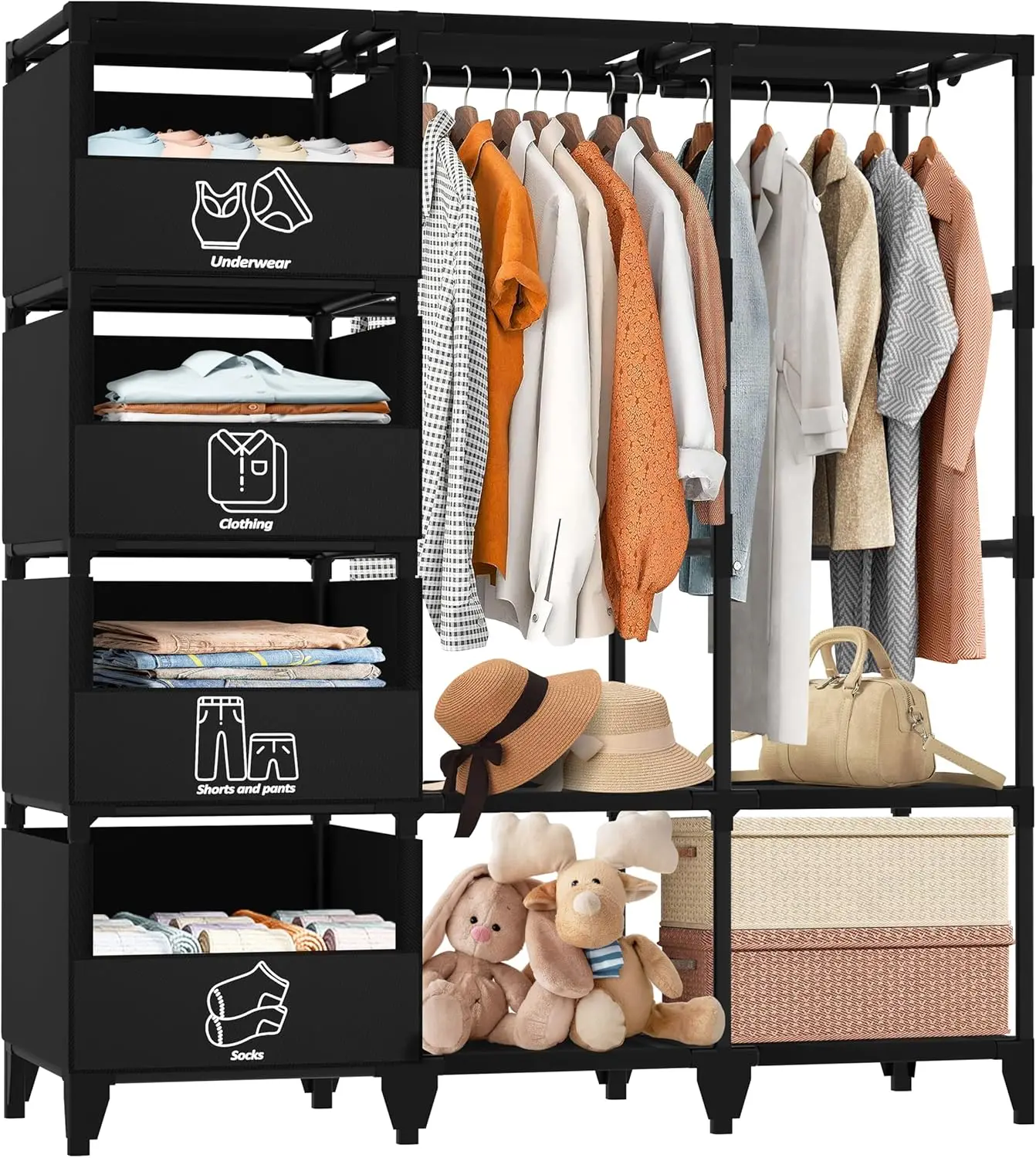 

Large Capacity Wardrobe Closet with Shelves, Baskets & Hanging Rods, Easy Assembly, Sturdy and Stable, for Bedroom, Black