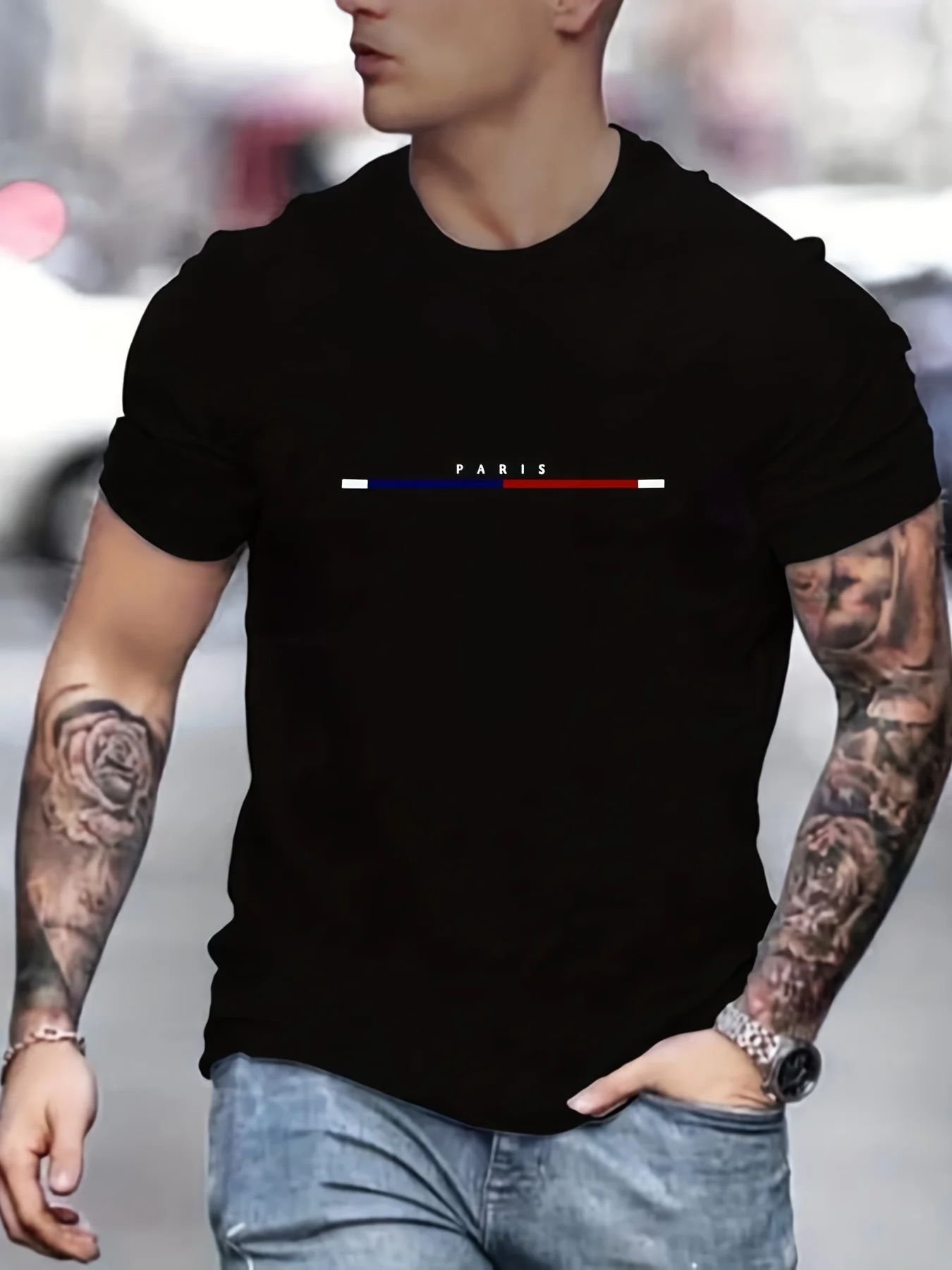 Men's 100% pure cotton casual fashionable loose plus size Paris letter printed round neck short sleeved T-shirt top image 5