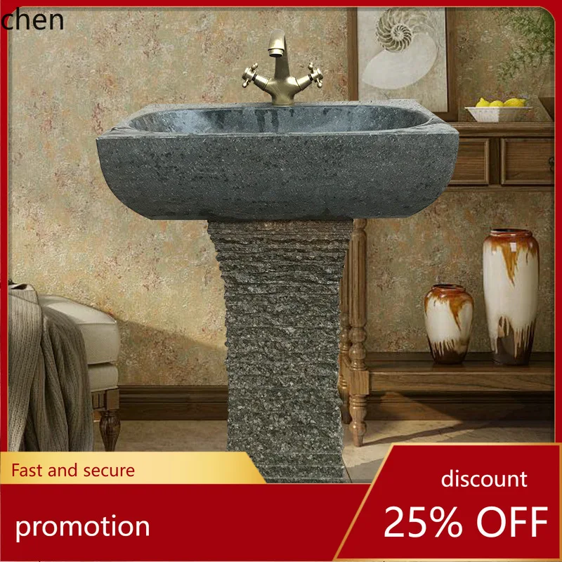 

HT Retro Stone Pedestal Basin Stone Art Washbasin Integrated Bathroom Sink Balcony Courtyard Water Basin