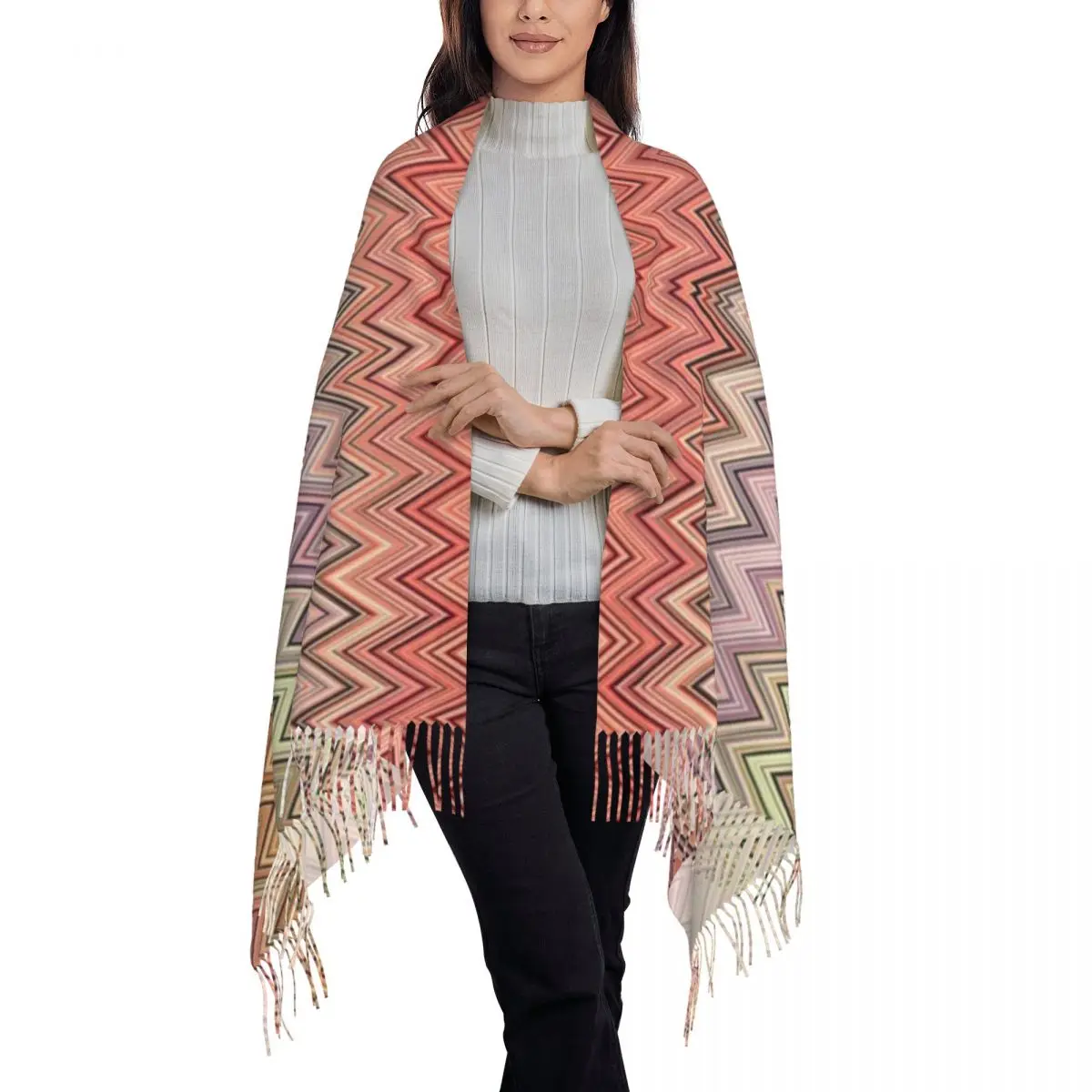 Boho Vintage współczesny Zig Zag Tassel szalik kobiety miękki wielokolorowy nowoczesny szal Wrap kobieta zimowa, jesienna szalik