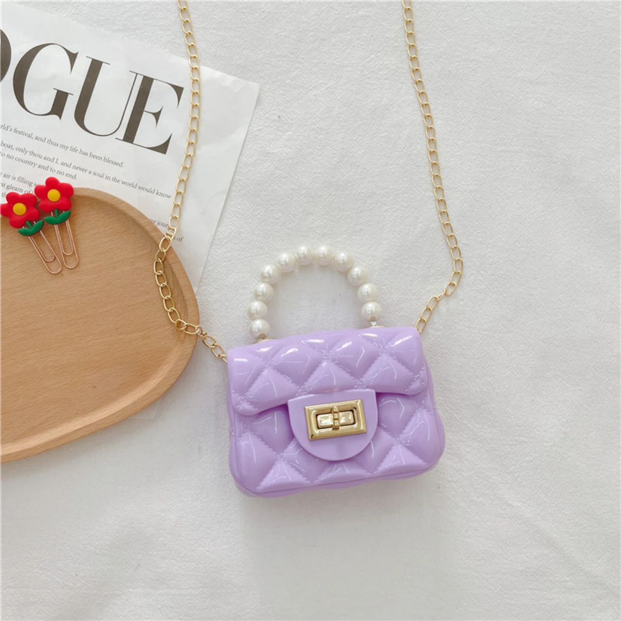 Childrens Jelly Bag Children Bag Fashion Handbag 2024 New Trendy Versatile Pearl Chain Shoulder Bags Womens Bags Girls Handbag