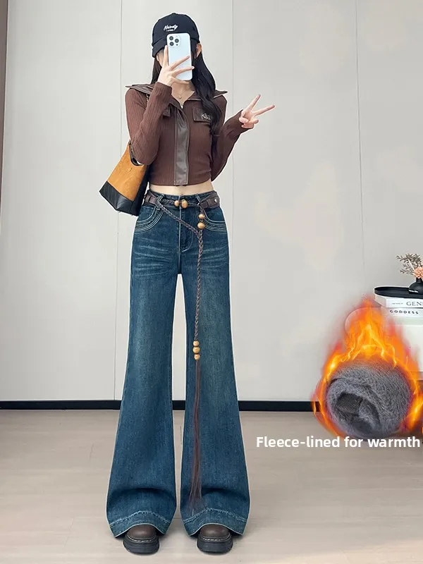 

Осенне-зимние универсальные джинсы с высокой талией, широкими штанинами и флисовой подкладкой, эластичные, длиной в пол, с эффектом похудения, теплые, из денима.