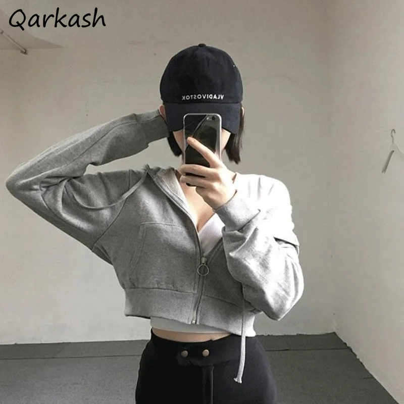 

Cropped Hoodies Women Zip Up Streetwear Temperament Ulzzang Retro Long Sleeve Aesthetic Stylish Harajuku Solid Casual Mujer Ropa