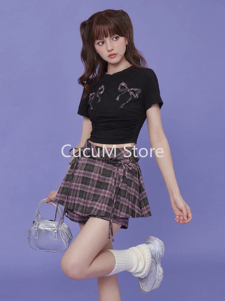 Women Aesthetic Preppy Style Y2k Mini Skirt A-line Pleated Pink Skirt Vintage  Harajuku Korean Bow Skirt 2000s Clothes Summer