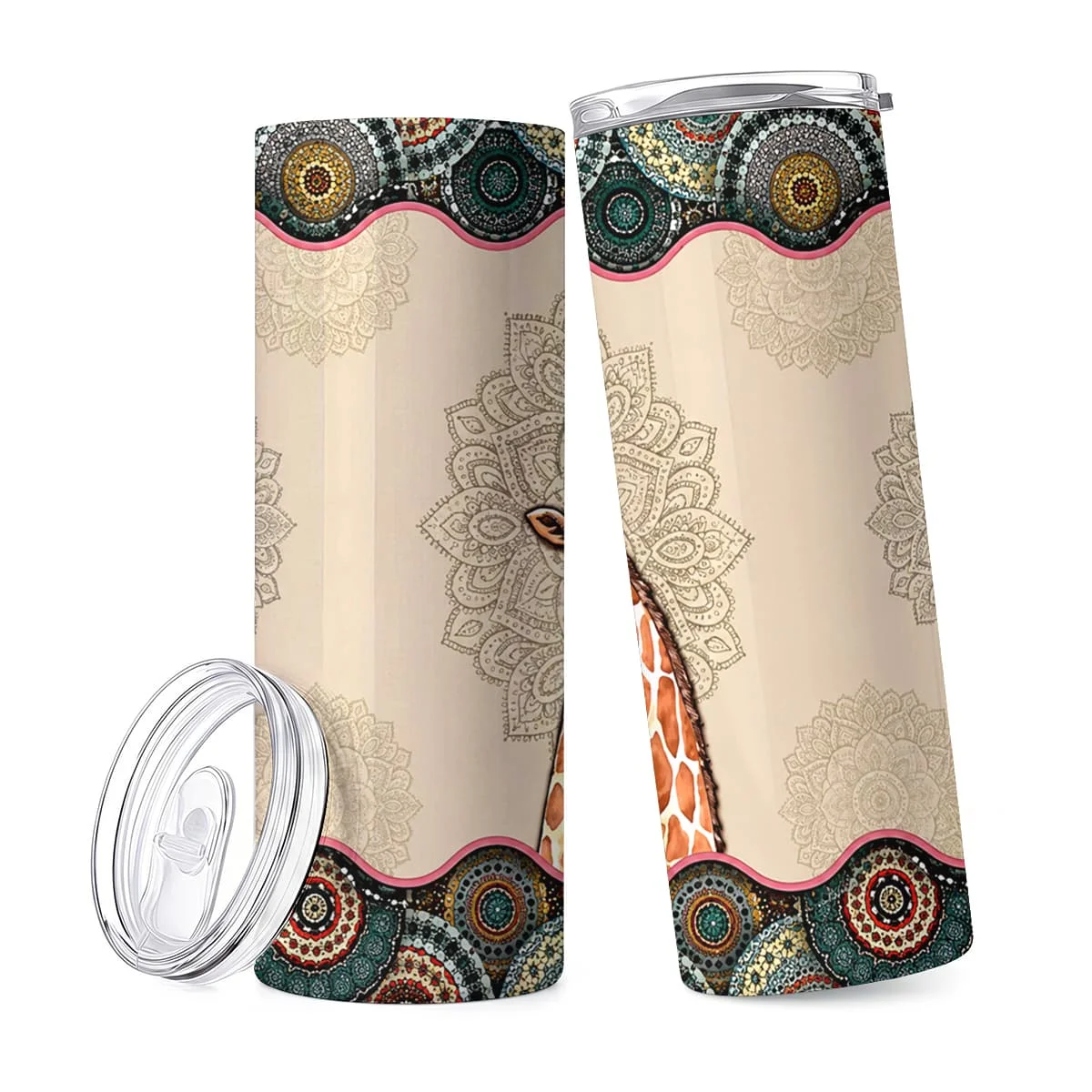 1pc 20oz Giraffe Family Mandala Pattern Stainless Steel Insulated Tumblers Coffee Office Travel Mug with Lid Cup Daily Use Leakproof And Bpa Free Keep Drink Hot And Cold Ideal Gift for Friends Family Colleagues on Birthday Christmas Thanksgiving